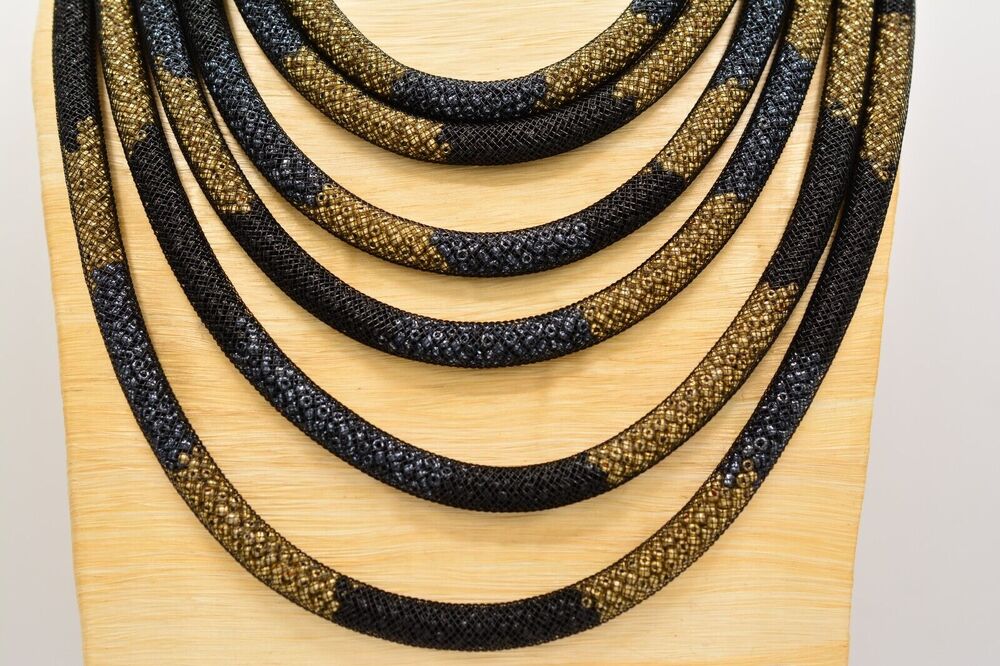 Joan Rivers Vintage Statement Necklace Mesh Beads Black Gold Heavy Signed Bin3A